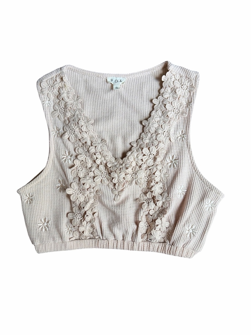 POL Flower Bomb Crop Top Small Floral Appliqué Waffle Tank Boho Beige Feminine